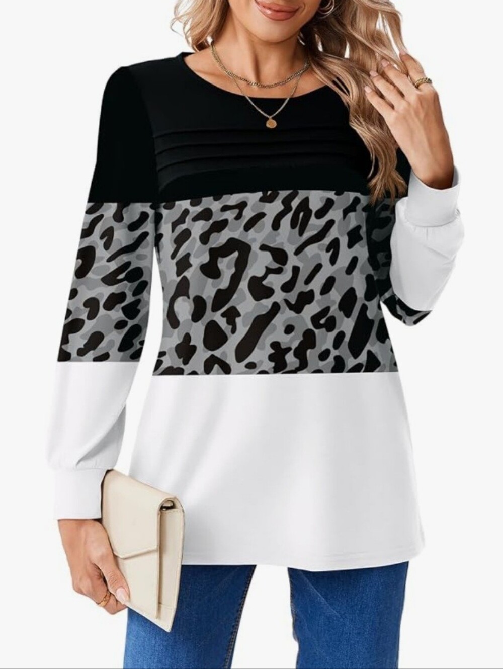 Zeagoo Womens Colorblock Leopard Print Black & White Relaxed Fit Tunic Top